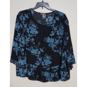 HM+ Womens Plus Size 24 Floral Blouse Black Teal Blue 3/4 Bell Sleeve Peplum Top